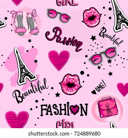 Abstract seamless girlish illustration with Eiffel tower, pink glasses, brush track, heart, high heel shoes, kiss lips with glitter texture, lettering hand written calligraphic text passion, fashion.