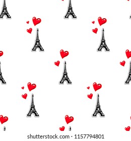 Abstract seamless girlish paris pattern with hearts and Eiffel Tower. Fancy romantic repeated backdrop for girl, textile, clothes, wrapping paper. 