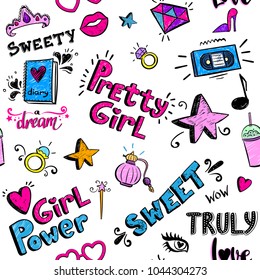 Abstract seamless girlish pattern with 3d sketch word sweet, pretty girl, power, truly love, wow. Cocktail shaker glass,  music cassette, ring, diamond, kiss lips, magic wind, perfume bottle, crown