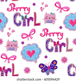 Abstract seamless girlish pattern in bright colors. Childish repeated backdrop with cats, clouds, hearts, fly butterflies, flowers. Tender wallpaper for girls, wrapping paper, fashion clothes.