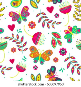 Abstract seamless girlish pattern in bright colors on white background with nature decorative elements leaves, flowers, butterflies, hearts. Creative funny repeated backdrop. Childish wallpaper