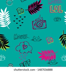 Abstract seamless girlish pattern with cartoon elements. Repeat tropical print for girl textile, clothes, wrapping paper. 