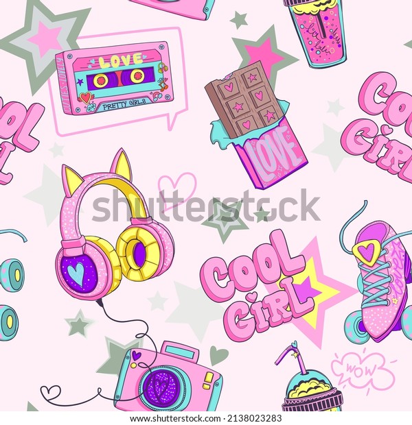 Abstract seamless\
girlish pattern with comics set elements roller Skates, chocolate,\
music cassette, photo camera, plastic cocktail glasses, headphones.\
Endless 80s girl\
print