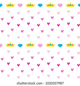 Abstract seamless girlish pattern with crown, brilliant and hearts. Romantic motives repeated backdrop for girl, textile, clothes, wrapping paper. Jewelry elements on white background 