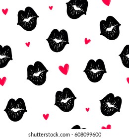 abstract seamless girlish pattern. cute beauty repeated backdrop. bright wallpaper for girls, fashion clothes, wrapping paper. white background with black kiss  lips silhouette, red hearts
