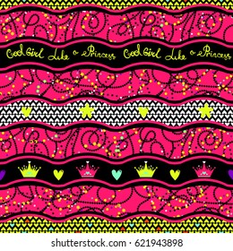 abstract seamless girlish pattern. cute repeated backdrop with line wave, crown, hearts, dots ornament, text cool girl, little princess. colorful wallpaper for girls, fashion clothes, textile.