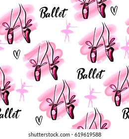 Abstract seamless girlish pattern. Dance Repeated backdrop.  hearts, watercolor spot, Legs with pointes and bow. Ballet background. Tender 