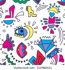 Abstract seamless girlish pattern drawing in cartoon style with heart, eye, brilliant, shoes. Primitivism design ornament. Colorful repeated backdrop for girl, textile, clothes, wrapping paper. 