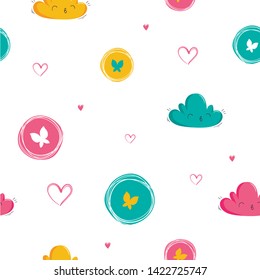Abstract seamless girlish pattern. Fancy colorful repeated print for girl, textile, fashion clothes, wrapping paper.