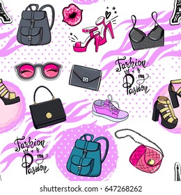 Abstract seamless girlish pattern. Fancy repeated backdrop on white background with bag, backpack, kiss lips , high heels shoes, kiss lips, tiger stripes, dots, glasses. Fashion is my passion