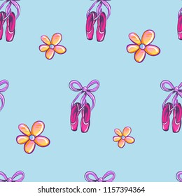 Abstract seamless girlish pattern with flowers, ballet pointe shoes. Dancing motive ornament. fancy repeated backdrop for girl, textile, clothes, wrapping paper. 
