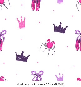 Abstract seamless girlish pattern with hand sign, hearts, crown, ballet pointe shoes, dots. fancy repeated backdrop for girl, textile, clothes, wrapping paper. 