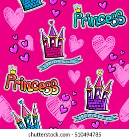 abstract seamless girlish pattern with hand drawn hearts, crown, in bright colors on pink background.  creative childish repeated backdrop. funny fashion wallpaper. Cute cartoon design.