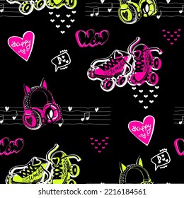 Abstract seamless girlish pattern with headphones, roller skates, music notes, hearts, words Wow on black background. Comics style repeat print for girl. Fancy endless ornament.