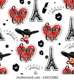 abstract seamless girlish pattern with heart, kiss lips, silhouette of lipstick, lady's hat, women face, star, Eiffel tower, calligraphic text Super girl, forever. ontrast black, red,white background 