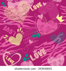 Abstract Seamless girlish pattern with hearts, crown, love. Girlish repeated backdrop on pink background. Cute romantic wallpaper for girls, fashion clothes, textile, wrapping paper. Valentines day