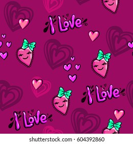 abstract seamless girlish pattern with hearts, bow,  text I love. cute repeated backdrop for girls, child clothes, fashion textile, wrapping paper