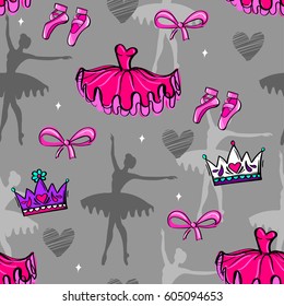 Abstract seamless girlish pattern on grey background with silhouette of ballerinas, pointe shoes, girlish cartoon crown, shape hearts. Creative funny repeated backdrop. Childish wallpaper