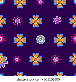 Abstract seamless girlish pattern on pink background with decorative flowers, hearts. Floral repeated backdrop for wrapping paper, girls. 