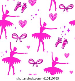 Abstract seamless girlish pattern on white background with pink silhouette heart, ballerina, Creative funny repeated backdrop. Childish wallpaper