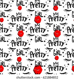 abstract seamless girlish pattern on white background. pretty girl design. romantic repeated backdrop with lettering composition, kiss lips, crown, eyelashes. beauty wallpaper black and white, red.