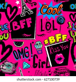 Abstract seamless girlish pattern on pink background with fancy, cartoon elements, Eiffel tower,,diamond, kiss lips, cat face, stars, hearts. lollipop, text best friends forever, oh my  God, ok,.