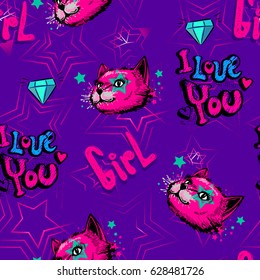 Abstract seamless girlish pattern on purple background with stars, text I love you, girl, brilliant, cat face,stars, ink. Colorful repeated backdrop for textile, fashion clothes, wrappong paper. 