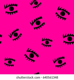 Abstract seamless girlish pattern on pink background with decorative eyes, eyelashes.  beauty repeated backdrop for girl, fashion , textile,  clothes, wrapping paper. cute fancy design