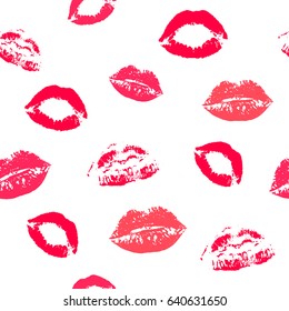 Abstract seamless girlish pattern on white background with red kisses. Lips repeated backdrop. Cute beauty design for girl, textile, clothes, wrapping paper.