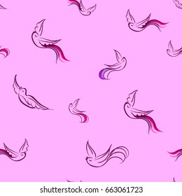 Abstract seamless girlish pattern on tender pink backdrop with lines silhouette fowl. Birds repeated backdrop for fashion textile, clothes, wrapping paper. Cute style