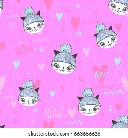 Abstract seamless girlish pattern on pink background with kitty face, hearts, word meow. Pussy cat repeated backdrop. Girlish colorful repeated backdrop. Childish style design for wrapping paper