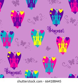 Abstract seamless girlish pattern on purple background  with hearts and castle, butterflies. Princess repeated backdrop. childish wallpaper for textile,  clothes, wrapping paper. 