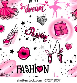 Abstract seamless girlish pattern on white background with vector watercolor round, stars, Fashion is my dream, Passion, women bag, ballerinas leg in shoes, dress, diamond, kiss lips, high heel shoes