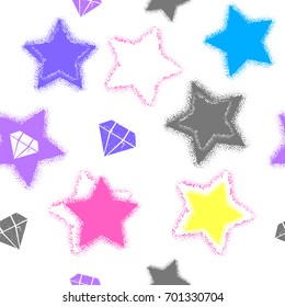Abstract seamless girlish pattern on white background with shabby stars,  diamond brilliant in people purple, blue, pink, grey colors. Childish repeated backdrop for textile, clothes, wrapping paper