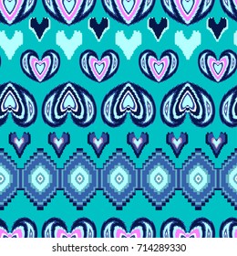 Abstract seamless girlish pattern on blue background with hearts and geometric elements, rhombus. Ethnic motives. Romantic repeated wallpaper for girl, textile, clothes, wrapping paper