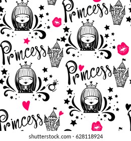 Abstract seamless girlish pattern. Princess repeated backdrop on white background with black elements, girl, text, stars, castle, pink kiss lips. monochrome wallpaper. Childish print on wrapping paper