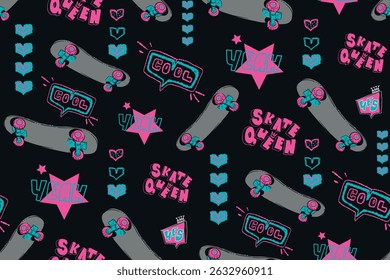 Abstract seamless girlish pattern with skateboards, stars, motivation phrases, hearts. Repeat print for girl, fashion textile, sport clothes. Skateboarding print