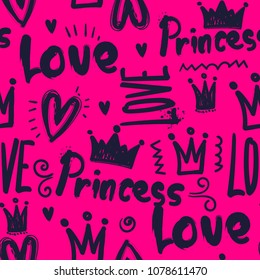 Abstract seamless girlish pattern with text, hand written words Princess, love. Sketch drawn set of crown, hearts. lettering repeated backdrop. pink and dark blue girlish illustration. romantic wall