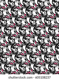 Abstract seamless girlish pattern with Twisted elements, spots. Black and white repeated backdrop. monochrome wallpaper