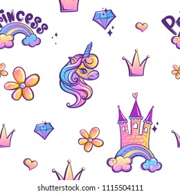 Abstract seamless girlish pattern with Unicorn, crown, castle on rainbow and clouds, hearts, flowers, diamond. fairytale ornament. Cute repeated backstop for girl, textile, clothes, wrapping paper