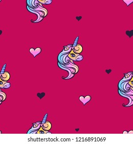 Abstract seamless girlish pattern. Unicorn Repeated backdrop for girl, fashion textile, clothes, wrapping paper. hearts wallpaper. 