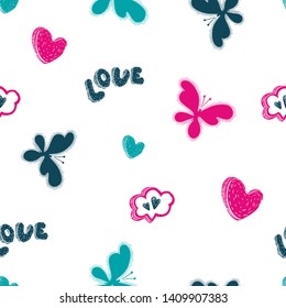 Abstract seamless girlish print with hearts, butterflies.
