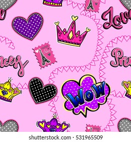 Abstract seamless girlish tender pink pattern. Repeating backdrop for fashion, childish clothes, with elements hearts, dots, text hand writing Princess,crown, letter stamp Paris, comic speech clouds. 