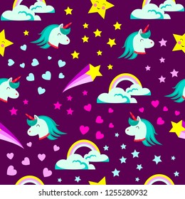 Abstract seamless girlish unicorn pattern for girls.Creative vector background with unicorn, hearts, stars.Funny wallpaper for textile and fabric.Fashion unicorn style.Colorful bright print
