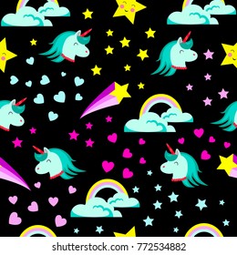 Abstract seamless girlish unicorn pattern for girls.Creative vector background with unicorn, hearts, stars.Funny wallpaper for textile and fabric.Fashion unicorn style.Colorful bright print