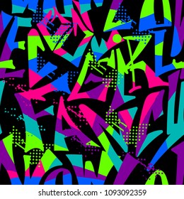 Abstract seamless girlish urban pattern. Graffiti lettering repeated backdrop for teenagers, fashion textile, sport girlish clothes, wrapping paper. Neon colorful wallpaper. dots elements