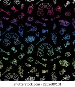 Abstract seamless girls pattern on black background. Colorful magic outline things repeat print with rainbow, ice cream, candy, flower, crown, butterfly, ring, leaves. Fancy stickers endless ornament
