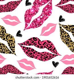 Abstract seamless Glitter pattern with lips. Leopard skin on lips. fashion background for girls textile, fabric, t shirt and more