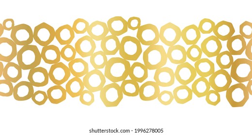 Abstract Seamless Gold Foil Border with Golden metallic Circles, Vector Repeating Pattern horizontal with Round paper cut shapes Elegant Simple Hand Drawn Texture for footer, header, banner, trim.