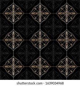 Abstract seamless golden background on black. Vector illustration of lace elements.